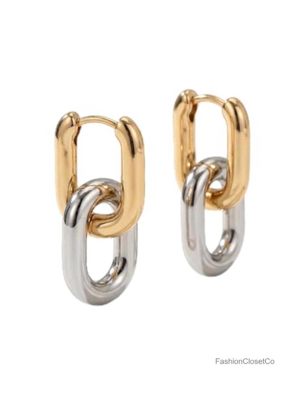 Two Tone Gold Plated & Silver Toned Interlocking Oval Dangle Earrings Huggie